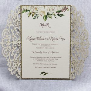 Ivory Roses with Gold Glitter Lasercut Wedding Invitation