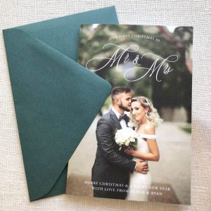 newlywed christmas card, first christmas card, married and merry