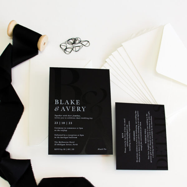 Sleek Black Monogram Wedding Invitation