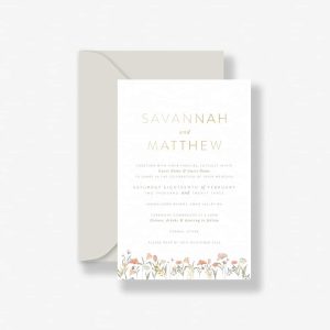 Wedding Invitation with field of flowers and gold foil