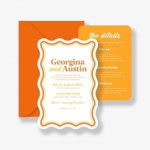 Electric Citrus Wedding Invitation with white background, orange text, orange retro wave border and bright citrus yellow details card