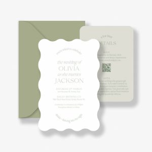 Evergreen Curve Wedding Invitation suite with white invitation with delicate green curved text with a wave cut border. Matcha green details card and green envelope