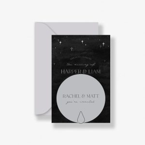 Velvet Twilight Wedding Invitation suite with velvet black Invitation with silver foiled stars. Grey circle shape details card and silver paperclip with grey envelope