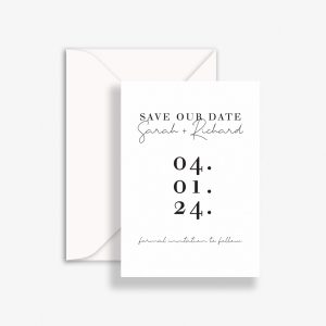 Minimalist Script Wedding Save The Date with white background, black text and C6 envelope