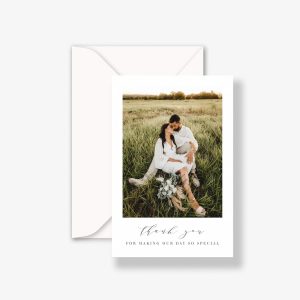 Natural Frame Wedding Thank You Cards with happy married couple in a field and envelope