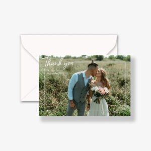 Whimsical Wedding Thank You Cards with happy bohemian couple and envelope