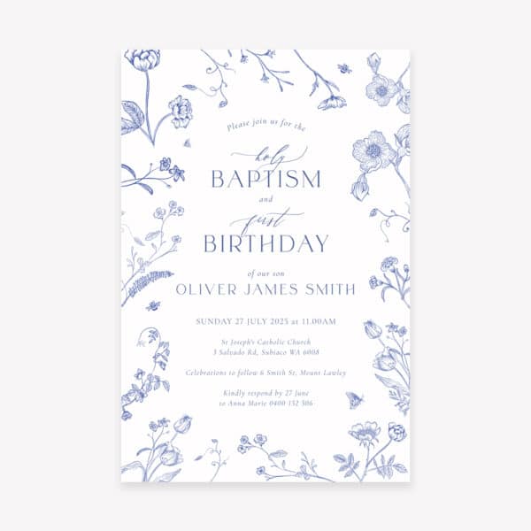 A baby's Baptism Invitation and First Birthday Invitation with blue delicate blossom flowers and soft fonts.