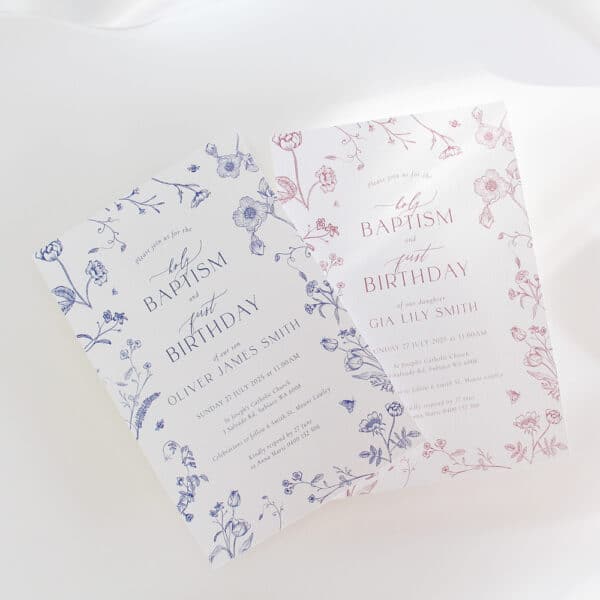 A baby's Baptism Invitation and First Birthday Invitation with blue delicate blossom flowers and soft fonts.