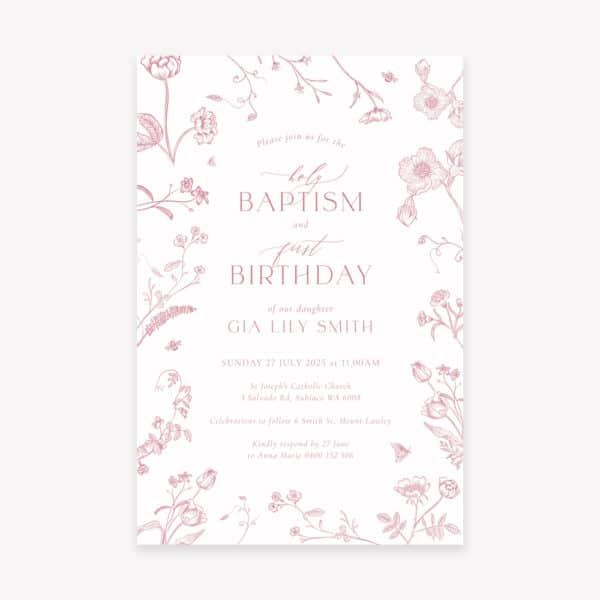 A baby's Baptism Invitation and First Birthday Invitation with pink delicate blossom flowers and soft fonts.