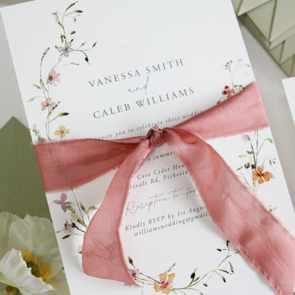 A wedding Invitation with matcha green envelope. The invitation features dainty colourful flowers in a wreath with a pink silk ribbon.