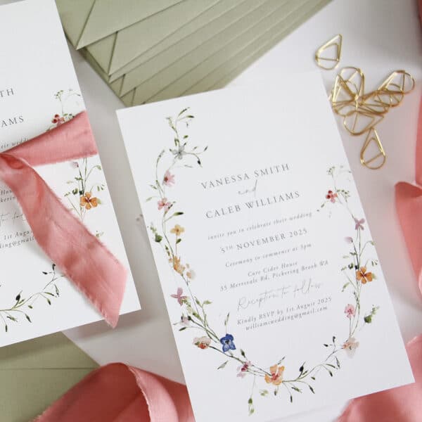 A wedding Invitation with matcha green envelope. The invitation features dainty colourful flowers in a wreath with a pink silk ribbon.