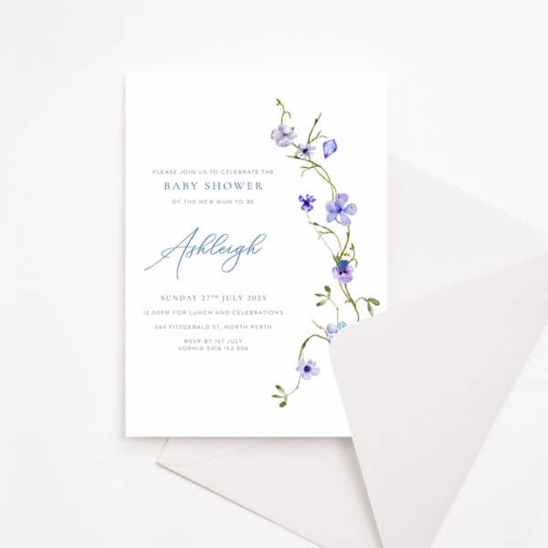 Baby Shower Invitation with cursive script font and dainty florals