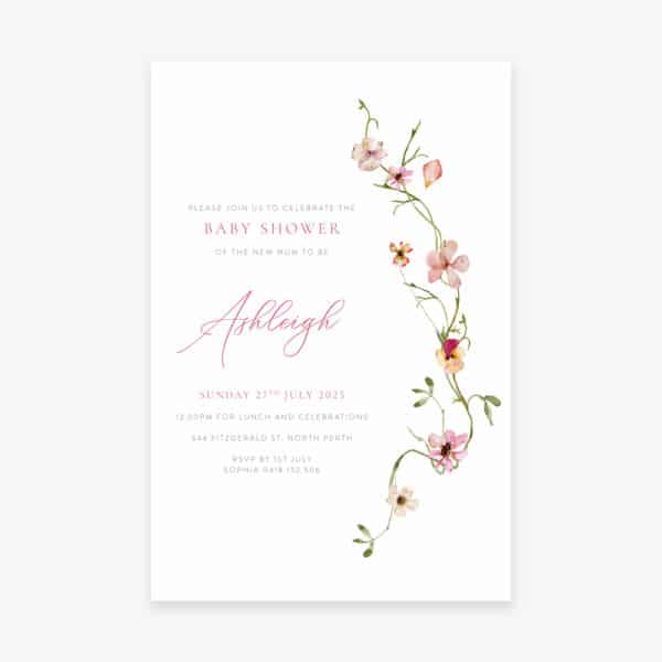 Baby Shower Invitation with cursive script font and dainty florals