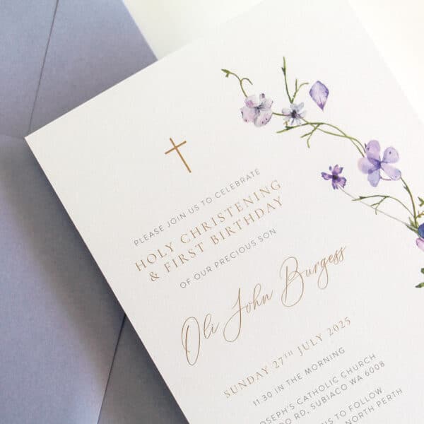 Baptism Invitation with soft floral border and envelope