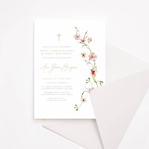 Baptism Invitation with soft floral border and envelope