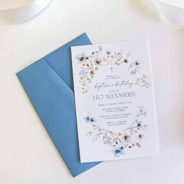 Baptism Invitation with soft floral wreath and envelope