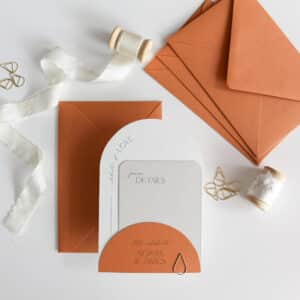 Alexia wedding invitation suite, custom wedding invite with arch shape and orange terracotta card stock